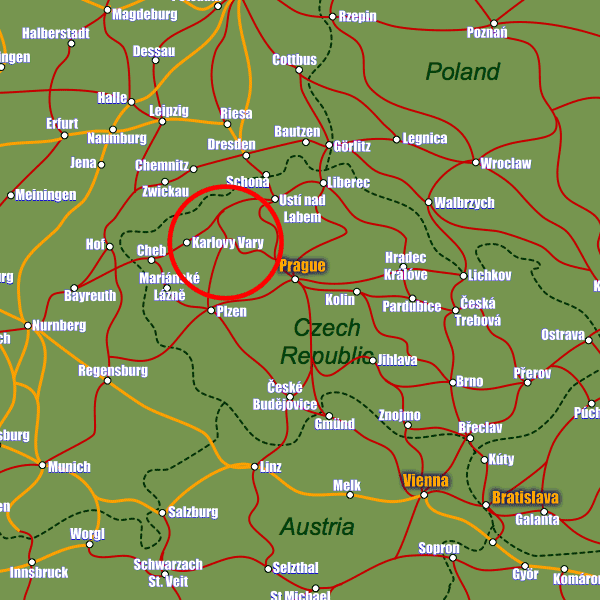 Czech Republic rail map showing Karlovy Vary