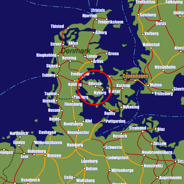 Denmark rail map showing Odense