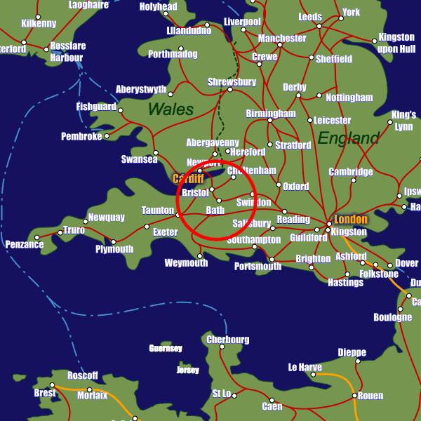 England rail map showing Bath