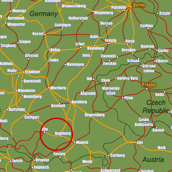 Germany rail map showing Augsburg