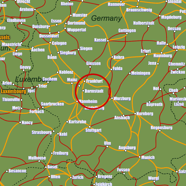 Germany rail map showing Darmstadt
