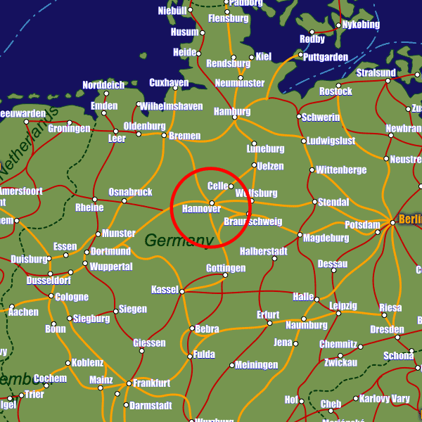 Germany rail map showing Hannover