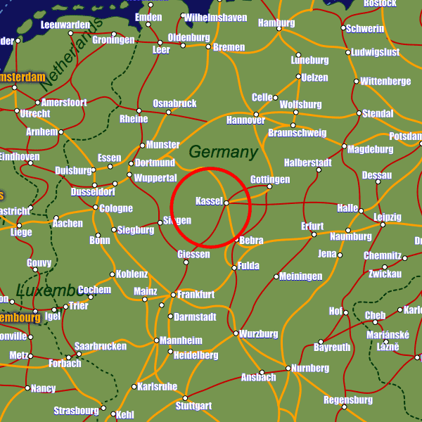 Germany rail map showing Kassel