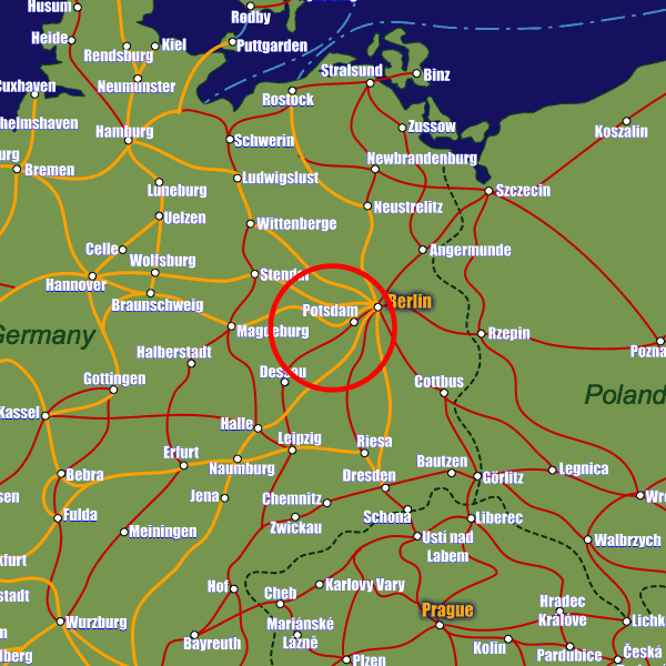 Germany rail map showing Potsdam