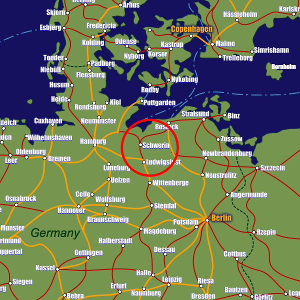 Germany rail map showing Schwerin