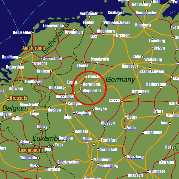 Germany rail map showing Wuppertal