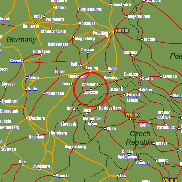 Germany rail map showing Zwickau