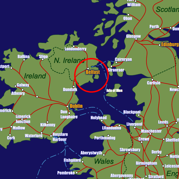 Northern Ireland rail map showing Belfast