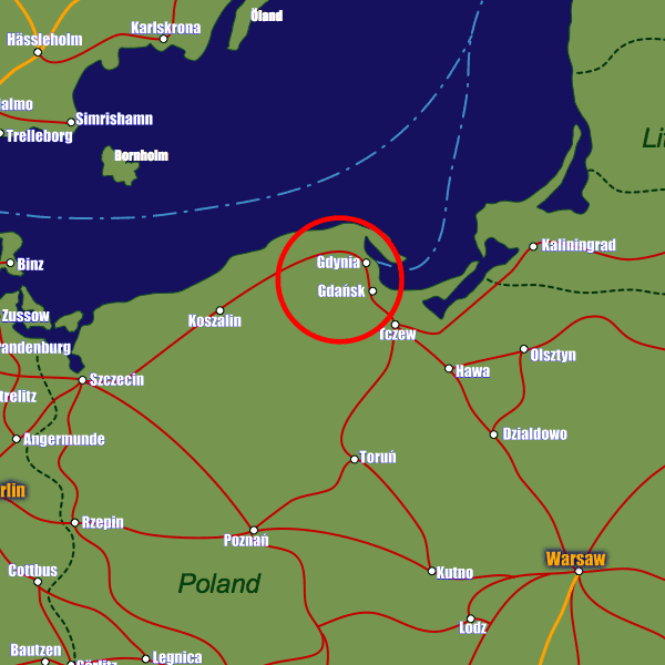 Poland rail map showing Gdansk