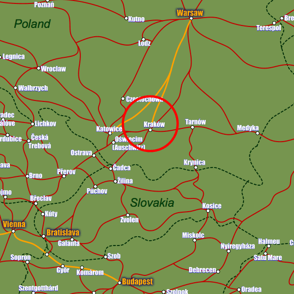 Poland rail map showing Krakow