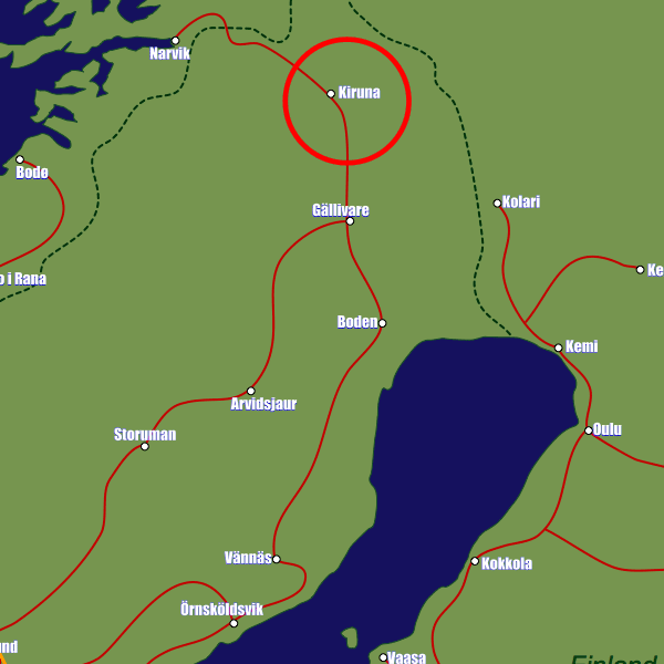 Sweden rail map showing Kiruna