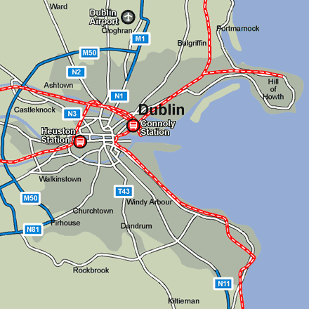 Dublin city rail map showing stations