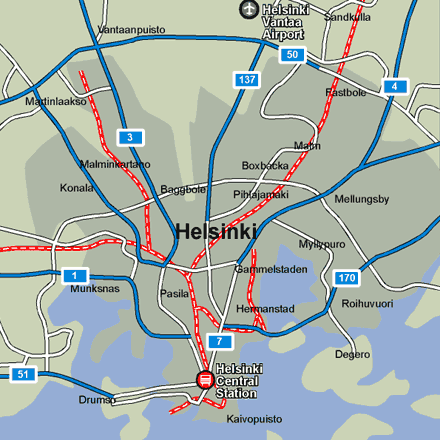 Helsinki city rail map showing stations