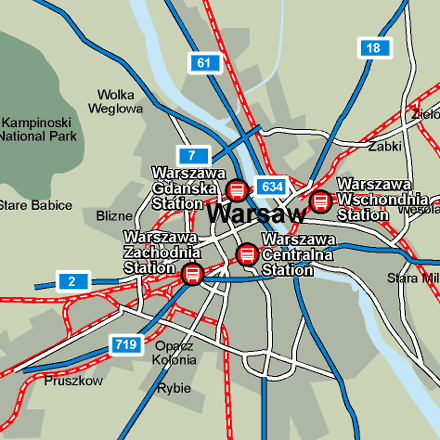 Warsaw city rail map showing stations