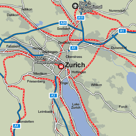 Zurich city rail map showing stations