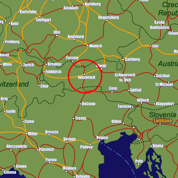 Austria rail map showing Innsbruck