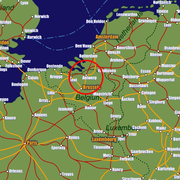 Belgium rail map showing Antwerp