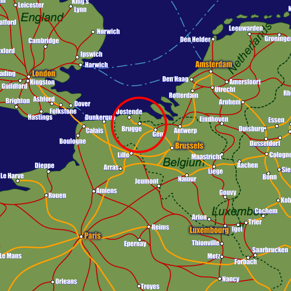 Belgium rail map showing Bruges