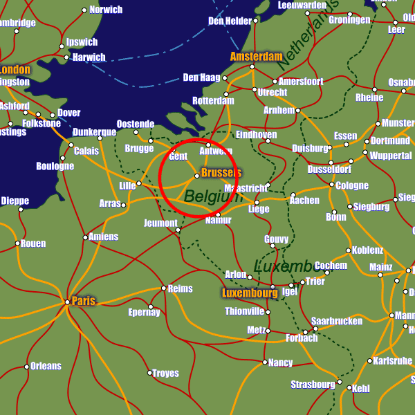 Belgium rail map showing Brussels