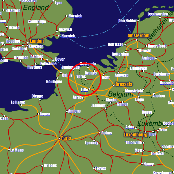 Belgium rail map showing Ypres