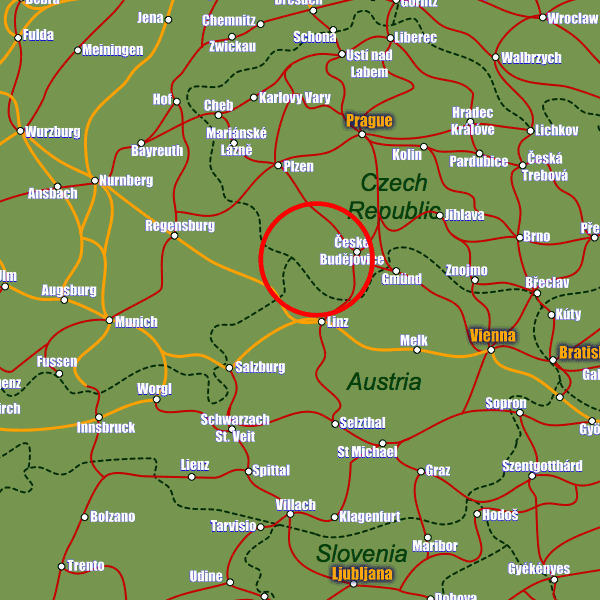 Czech Republic rail map showing Cesky Krumlov