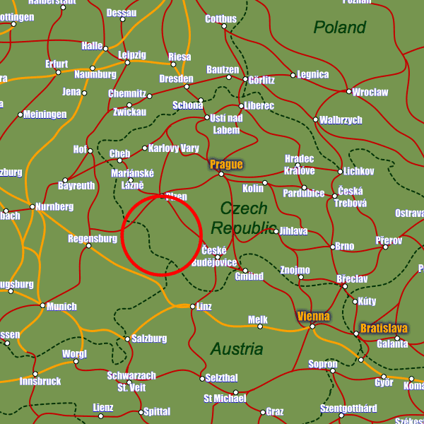 Czech Republic rail map showing Klatovy