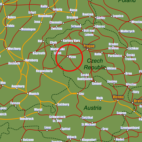 Czech Republic rail map showing Pilsen