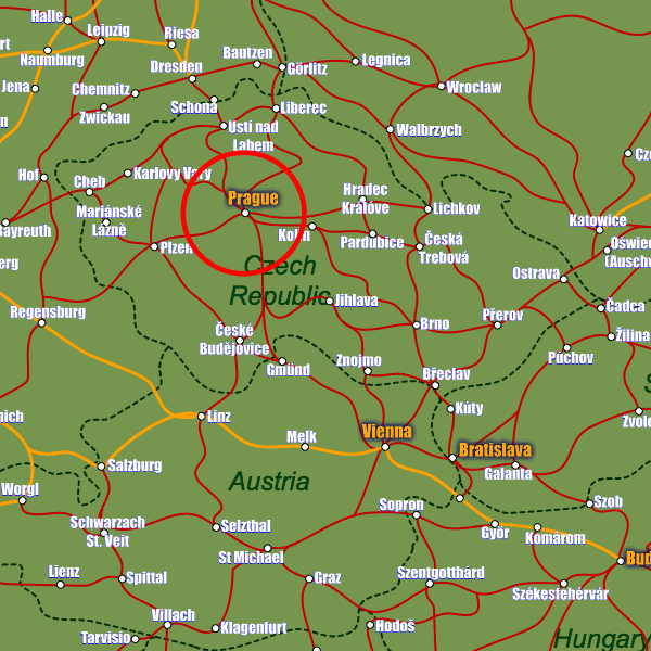 Czech Republic rail map showing Prague