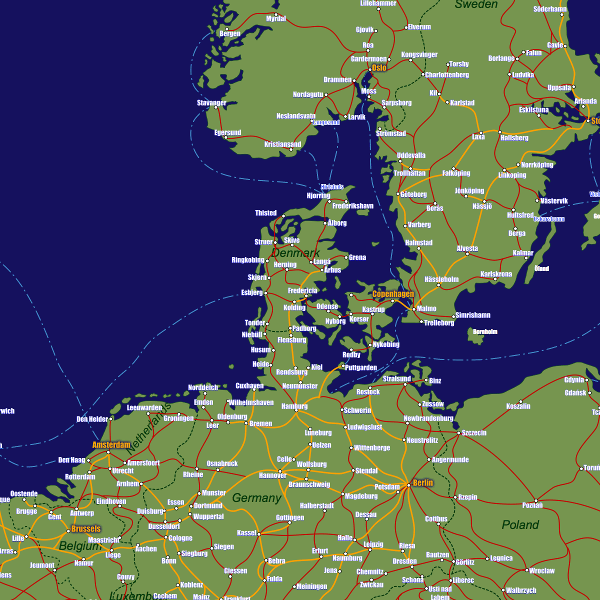 Denmark rail map with Aalborg