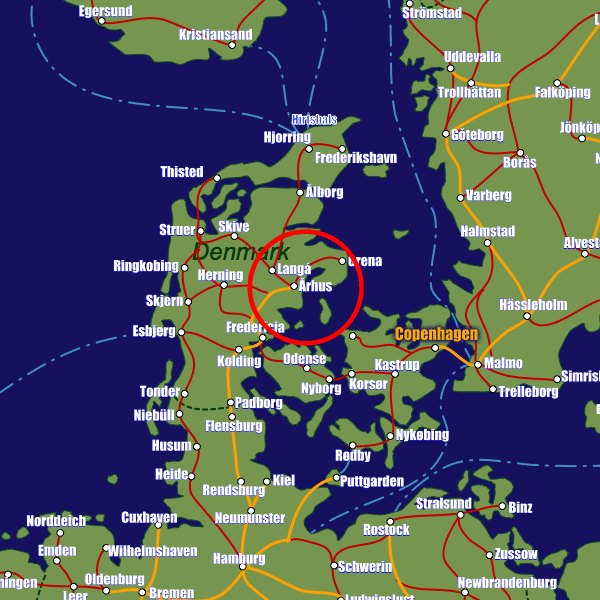 Denmark rail map showing Aarhus