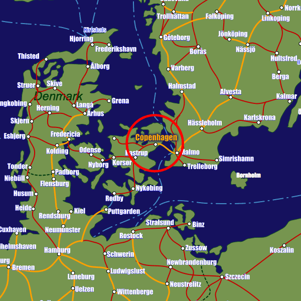 Denmark rail map showing Copenhagen
