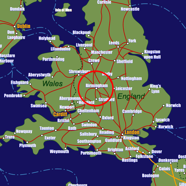 England rail map showing Birmingham