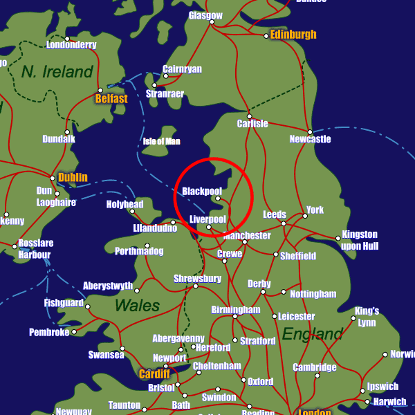 England rail map showing Blackpool