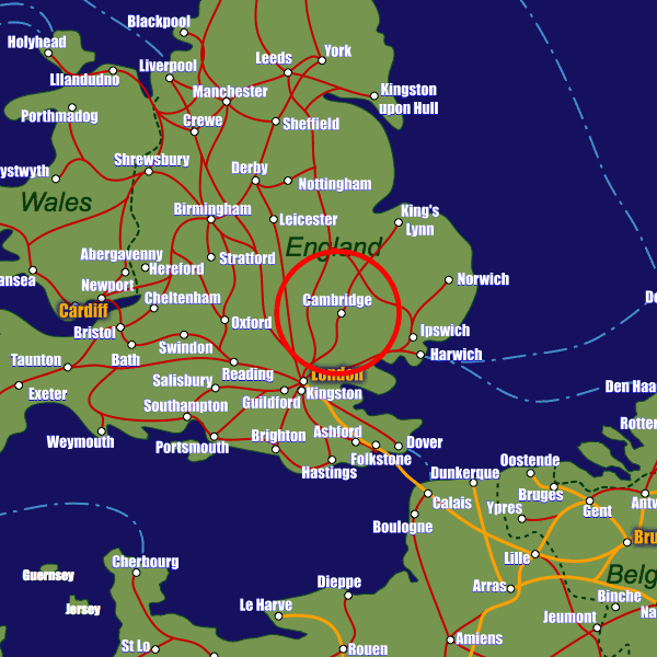 England rail map showing Cambridge