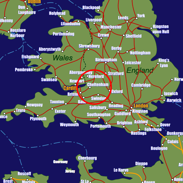 England rail map showing Cheltenham