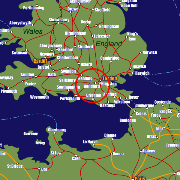 England rail map showing Guildford