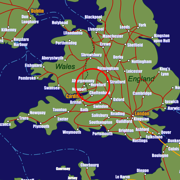 England rail map showing Hereford