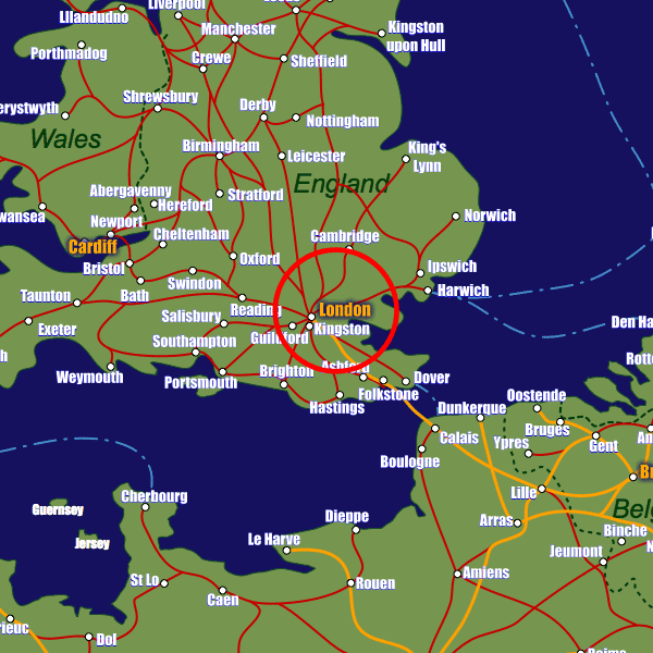 England rail map showing London