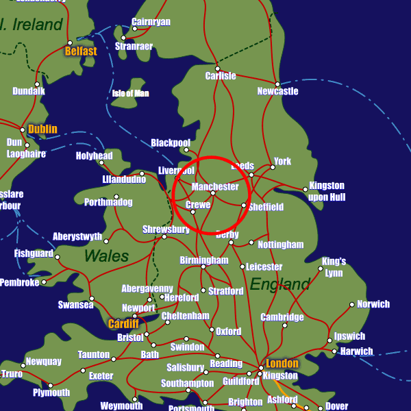 England rail map showing Manchester