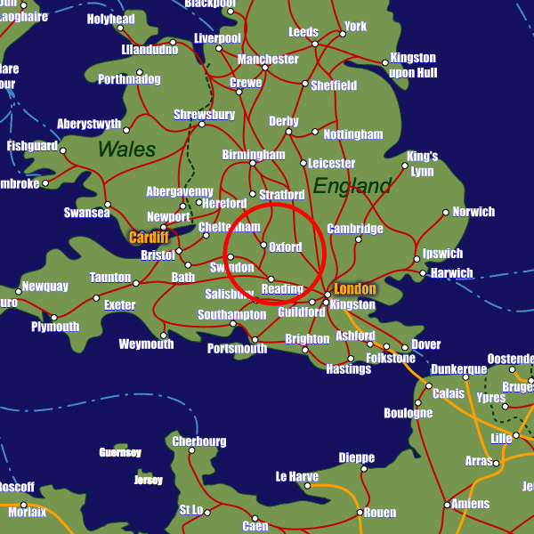 England rail map showing Oxford