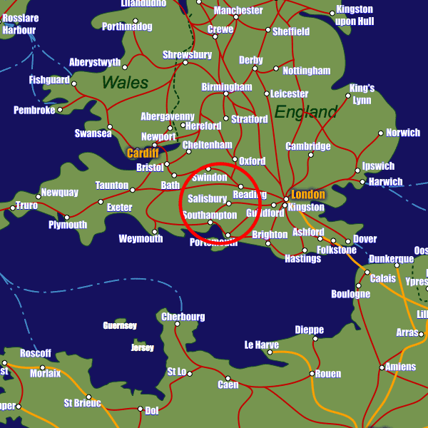 England rail map showing Salisbury