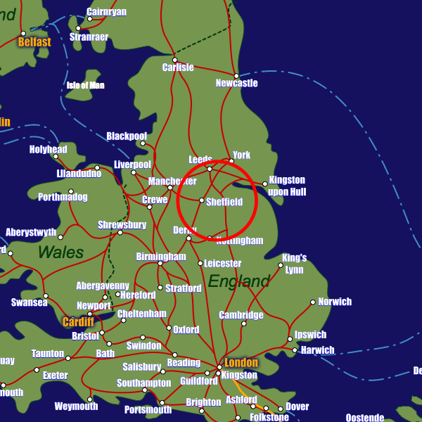 England rail map showing Sheffield
