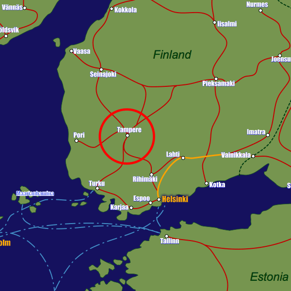Finland rail map showing Tampere