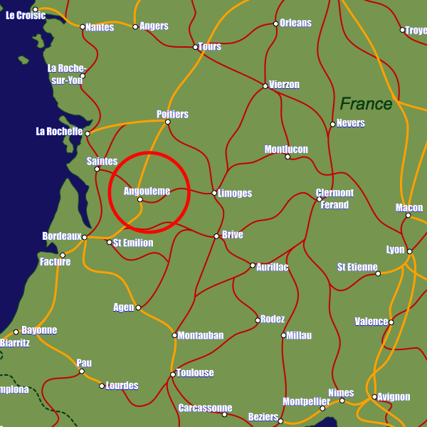 France rail map showing Angoulême