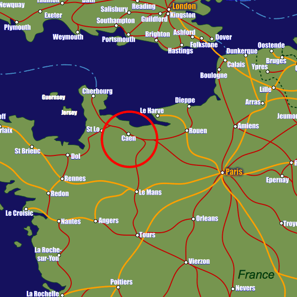 France rail map showing Caen