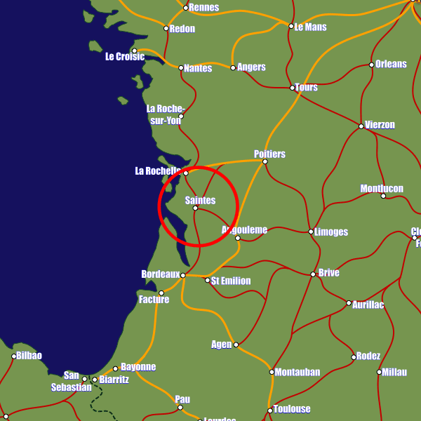 France rail map showing Saintes