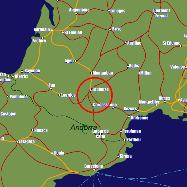 France rail map showing Toulouse