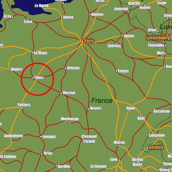 France rail map showing Tours