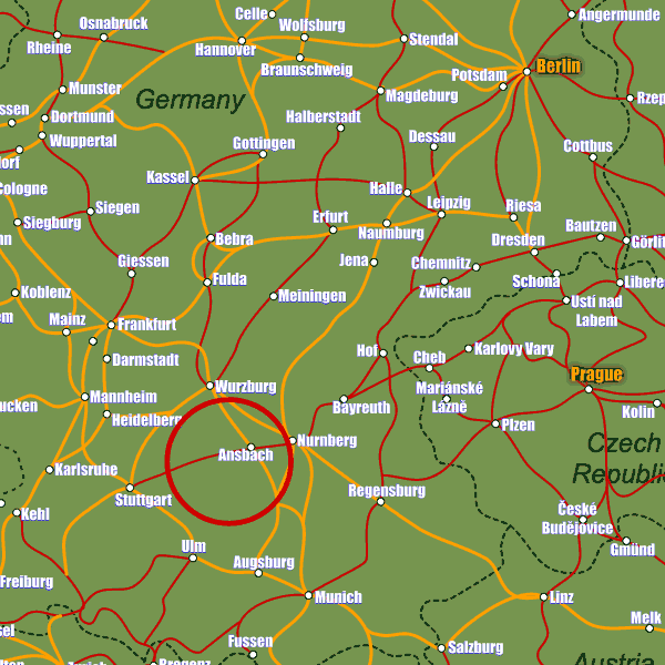 Germany rail map showing Ansbach