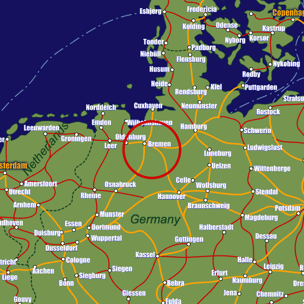 Germany rail map showing Bremen